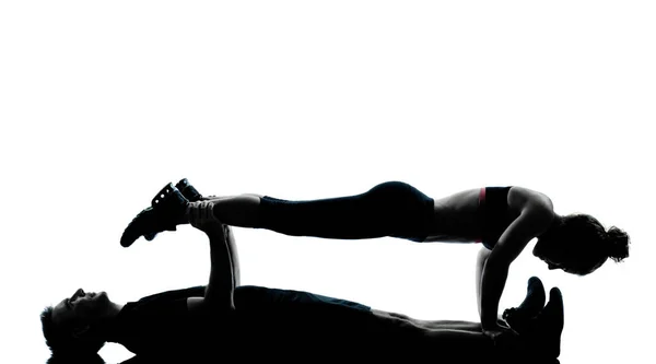 Casal Homem Mulher Exercitando Exercício Aeróbico Aptidão Postura Comprimento Total — Fotografia de Stock
