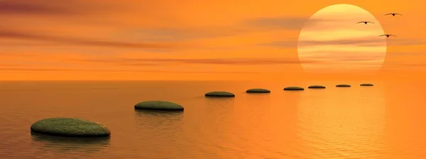 Piedras Grises Pisan Océano Yendo Sol Pájaros Atardecer — Foto de Stock