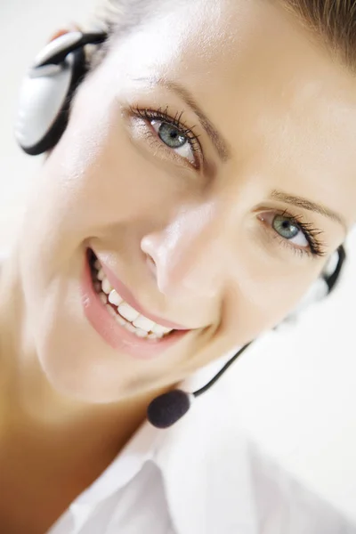 Closeup Smiling Phone Operator — Stock Photo, Image