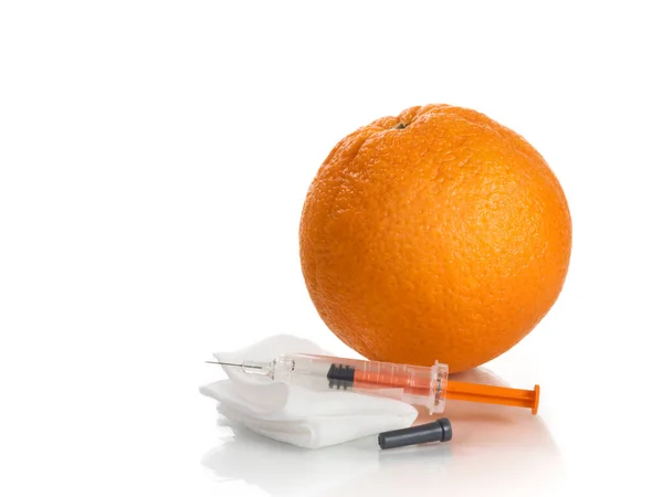 Syringe Gauze Orange White Background — Stok fotoğraf