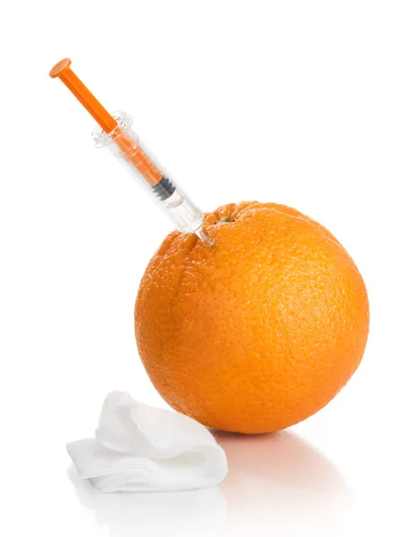 Syringe Injecting Orange White Background — Stock Photo, Image