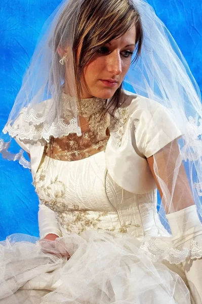 Young Beautiful Bride White Wedding Dress Blue Mosaic Background — Stock Photo, Image