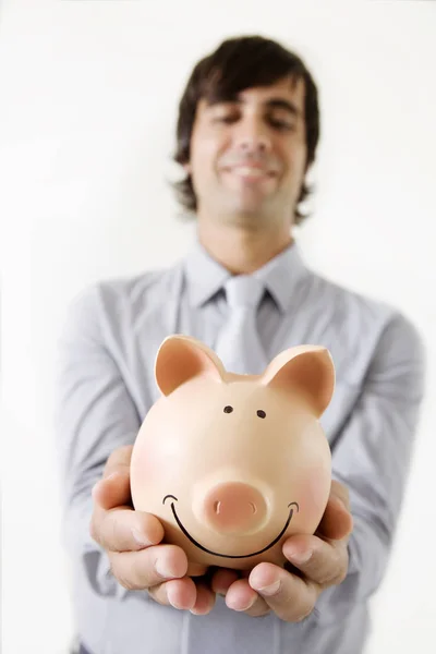 Young Business Holding Piggy Bank — Stock Photo, Image