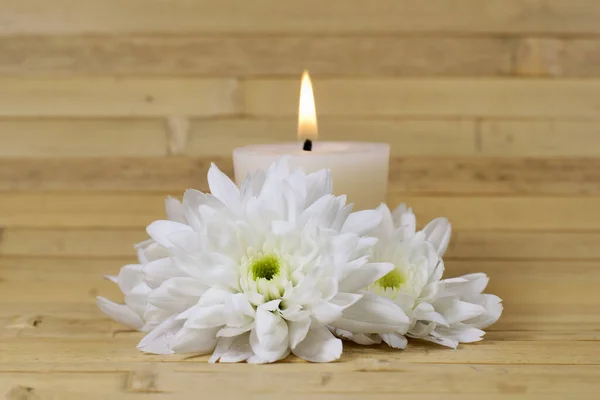 Flores Blancas Con Una Vela Fondo — Foto de Stock