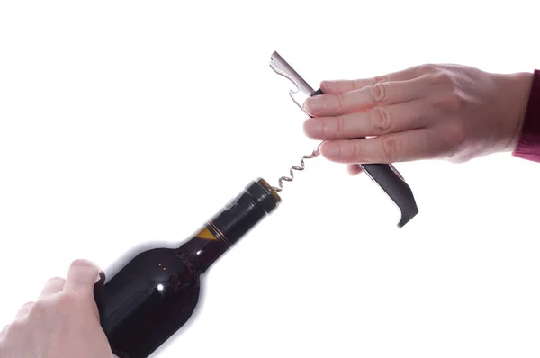 Eine Rotweinflasche Wird Mit Einem Korkenzieher Geöffnet — Stockfoto