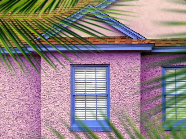 Egy Kép Egy Rózsaszín Ház Ablakok — Stock Fotó
