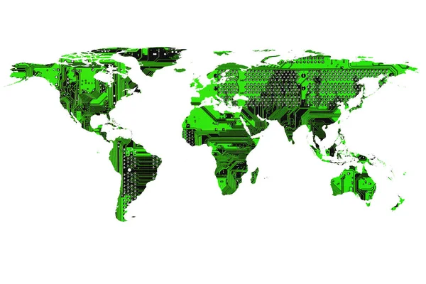 平面世界地図とコンピュータの概念的なイメージです この画像を提供するために使用されるNasaの平らな世界地図画像 — ストック写真