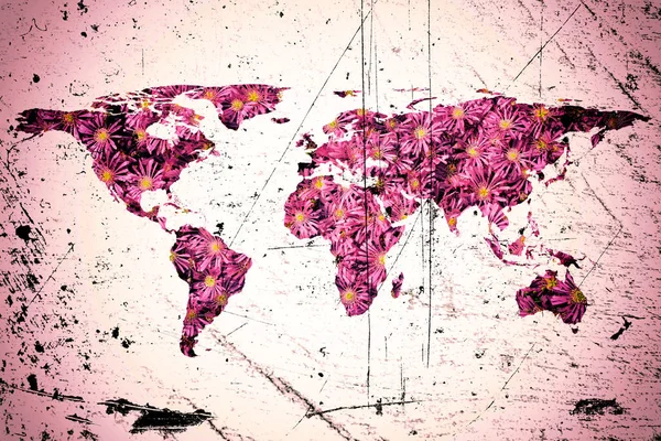 isolated flat world map and flowers. NASA flat world map image is used to furnish this image.