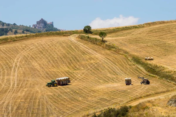Εργασίες Δύο Ελκυστήρων Στα Χωράφια Στα Βόρεια Της Σικελίας Την — Φωτογραφία Αρχείου