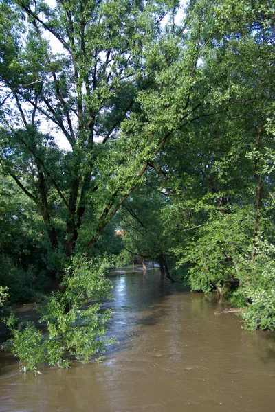 Río Conduce Inundación Marrón Campo Primavera Por Día — Foto de Stock