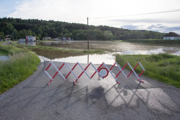Closed Rural Road Due Flooding Spring Day — Stock Photo, Image