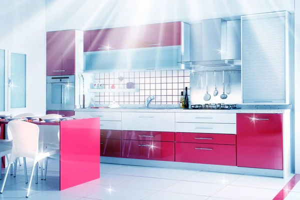 Cocina Roja Moderna Limpia Con Luces Reflejos — Foto de Stock