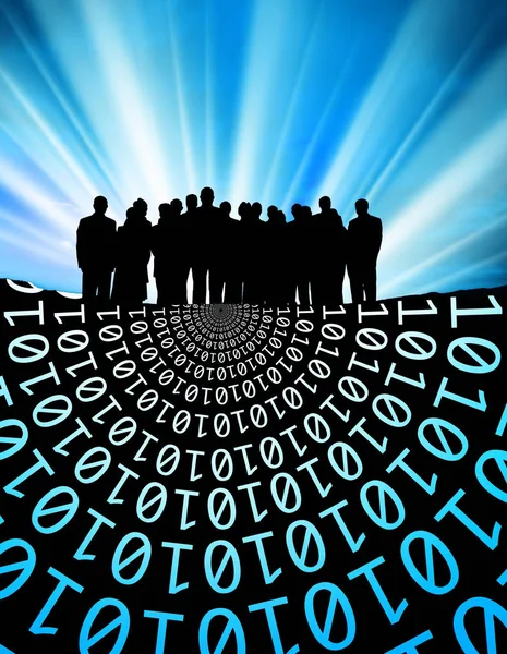 Conceptual Image Silhouetted Group Business People Binary Code Light Beam — Stock Photo, Image