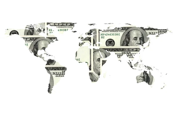 ドル紙幣と世界地図の概念的なイメージが白で孤立しています 家具付きのNasa世界地図画像使用 — ストック写真