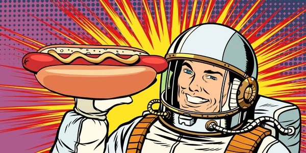 Smiling Male Astronaut Presents Hot Dog Sausage Pop Art Retro — Stock Photo, Image