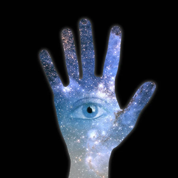 Εννοιολογική Εικόνα Του Χεριού Και Αφηρημένα Φώτα Του Σύμπαντος Εικόνες — Φωτογραφία Αρχείου