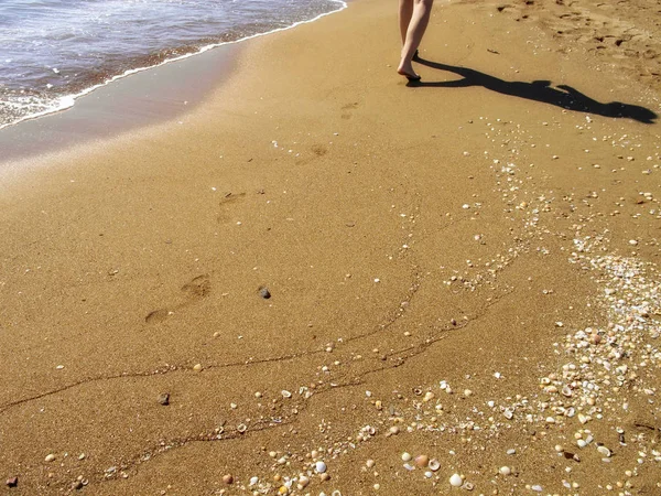 Close Jovem Mulher Adulta Andando Praia Areia — Fotografia de Stock