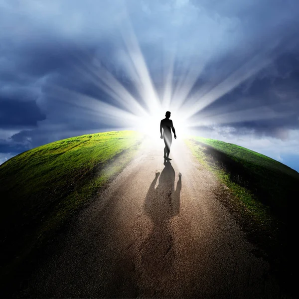 Conceptual Image Silhouetted Man Empty Road Cloudy Sky Beam Light — Stock Photo, Image