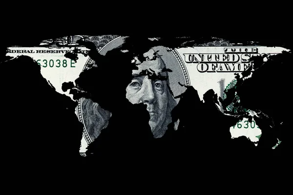 Konceptualny Obraz Banknotu Dolarowego Mapy Świata Odizolowanej Czarno Umeblowany Obraz — Zdjęcie stockowe
