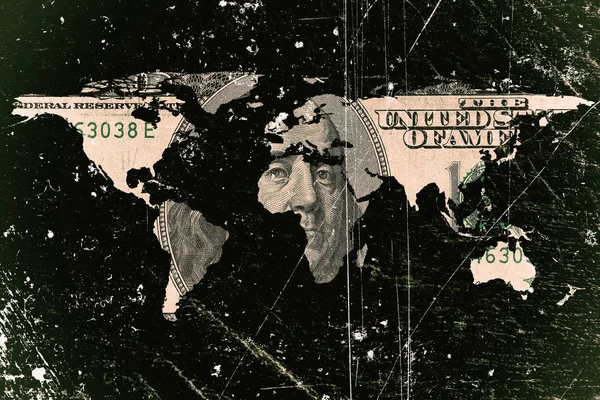 Konceptuell Bild Dollarsedeln Och Världskartan Isolerad Svart Möblerad Nasa Världskarta — Stockfoto