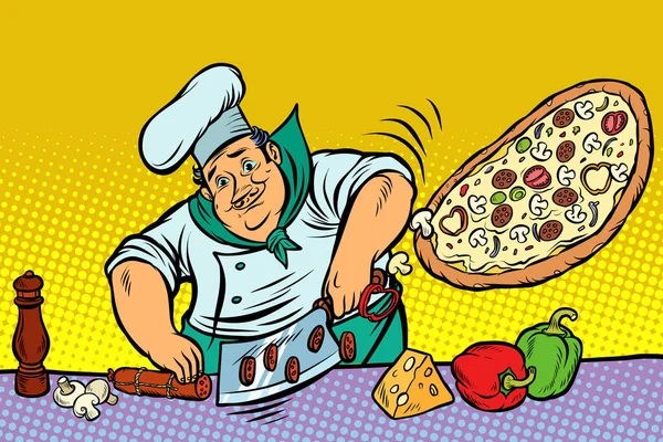 Koch Kocht Pizza Comiczeichentrick Pop Art Retro Illustration Vektorzeichnung — Stockfoto