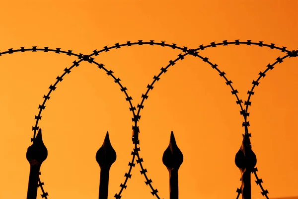 Detail Shot Barbed Wire Fence Orange Sky — Stock Photo, Image