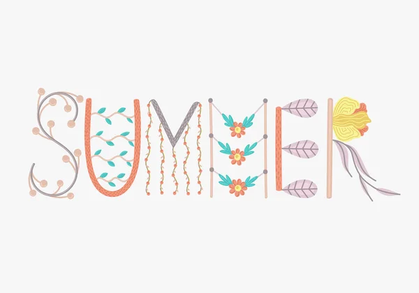 Summer Creative Hand Drawn Lettering Floral Decorations Summertime Doodle Season — Stock Photo, Image