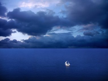 Sailing boat on the water and cloudy sky clipart