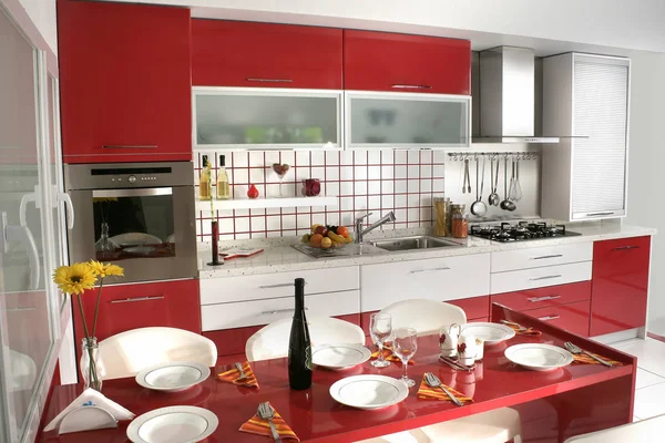 Clean Modern Red Kitchen Desing — Stock Photo, Image