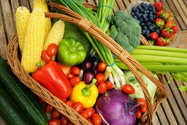 Fresh Fruit Vegetables Wooden Table — Stock Photo, Image