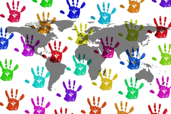 an image of a worldmap on handprint background