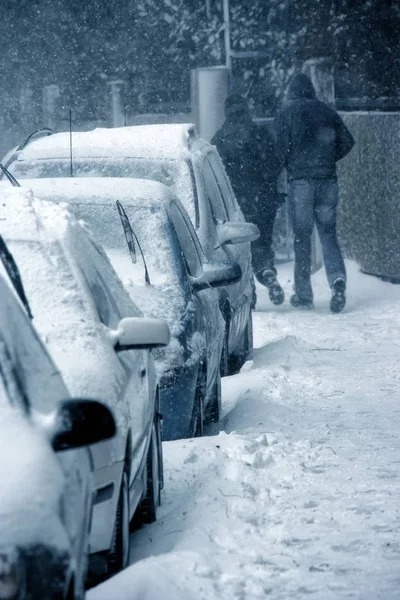 Ein Bild Von Verschneiten Geparkten Autos — Stockfoto