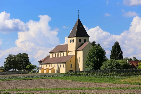 Kościół Sankt Georg Otoczony Polami Warzywnymi Wyspie Reichenau Jeziorze Bodeńskim — Zdjęcie stockowe