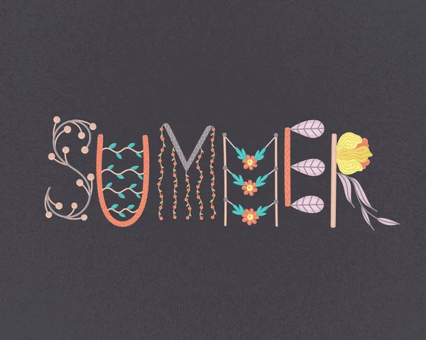 Summer Creative Hand Drawn Lettering Floral Decorations Summertime Doodle Season — Stock Photo, Image