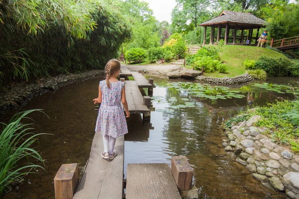 Bambina Abito Elegante Passeggiata Sul Ponte Legno Sopra Stagni Natura — Foto Stock