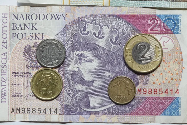 Польские Банкноты Монеты Двадцать Злотых — стоковое фото
