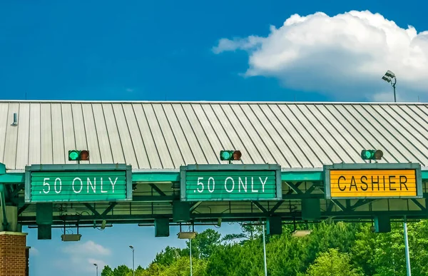 Signs Toll Booths Highway — Stock Photo, Image