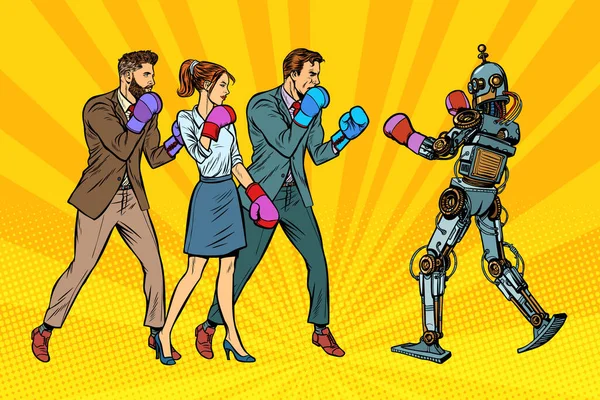 Gente Boxea Con Robot Humanidad Nuevas Tecnologías Arte Pop Retro —  Fotos de Stock
