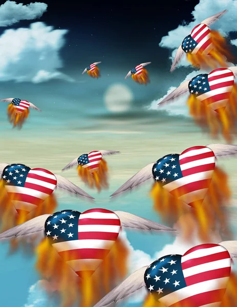 Geflügelte Flammenherzen Den Nationalfarben Der Usa Fliegen Den Himmel — Stockfoto