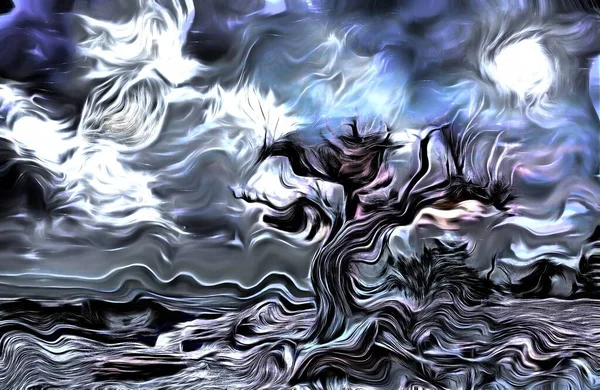 Σουρεαλιστικός Πίνακας Παλιό Δέντρο Πανσέληνος Και Μυστικιστικά Σύννεφα Στον Ουρανό — Φωτογραφία Αρχείου