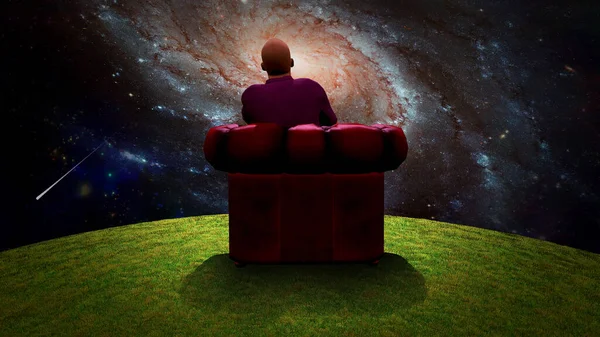 Composición Surrealista Hombre Sienta Sillón Rojo Observa Una Galaxia Viva — Foto de Stock