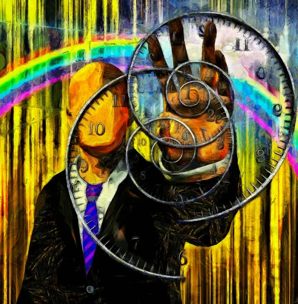 时间守护者抽象画 穿西装的无脸男子保持着时间的螺旋上升 彩虹的背景 — 图库照片