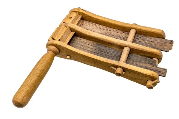 Stare Rękodzieło Drewniane Grzechotka Chrapanie Izolowane Białym — Zdjęcie stockowe