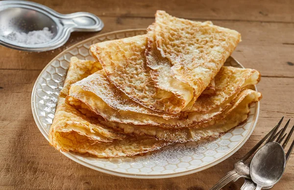 Crispy Golden Fried Pancakes Griddle Cakes Plate Dusted Castor Sugar — Stock Photo, Image