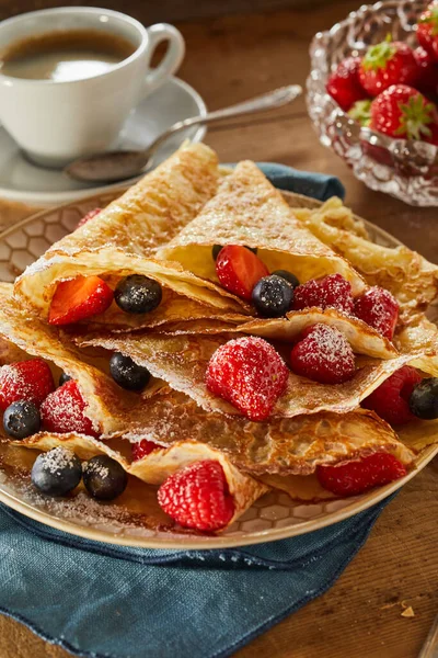 Crispy Golden Fried Crepes Filled Assorted Fresh Ripe Berries Including — Stock Photo, Image