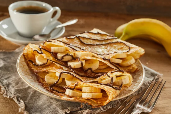Delicious Banana Chocolate Wraps Pancake Griddle Cakes Dusted Sugar Chocolate — 스톡 사진