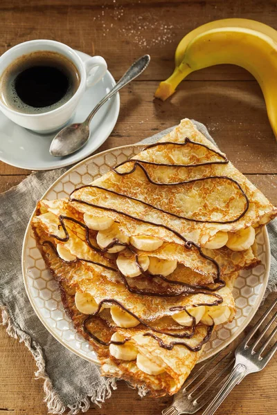 Golden Fried Batter Crepes Banana Filling Dusted Sugar Drizzled Chocolate — Stock Photo, Image