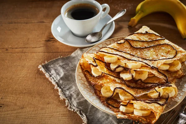 Fried Crispy Banana Pancakes Drizzled Chocolate Castor Sugar Served Breakfast — Stock Photo, Image