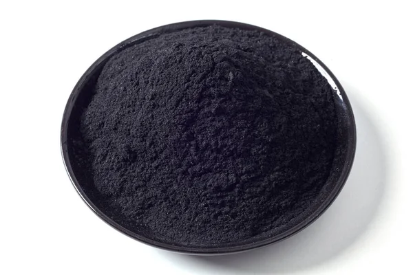 Shallow Dish Ground Activated Black Charcoal Used Additive Food Drink — Stock Photo, Image