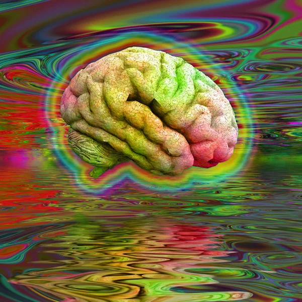 Psychedelic Brain Hovers Water Surface — 스톡 사진